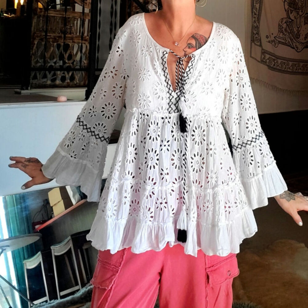 Fashion Fuse White Cotton Eyelette Ruffle Sleeve Tiered Bell Sleeve Dress L